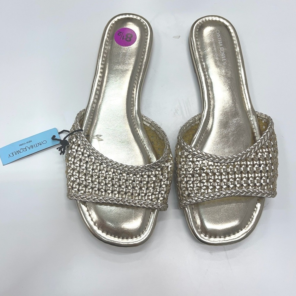 Cynthia Rowley Journey Gold Woven Slide Sandals Memory Foam Flat 8.5